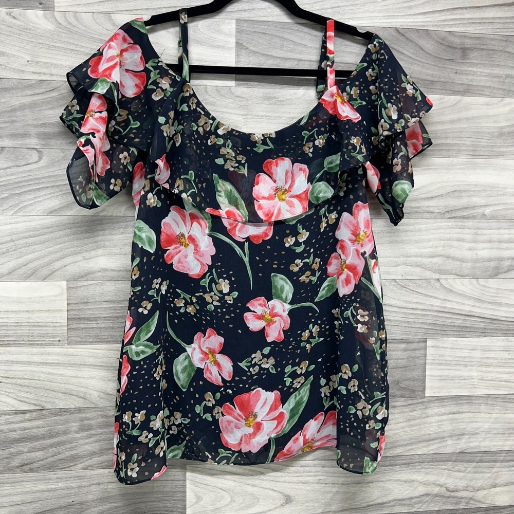 CAbi Top Tunic Women's S Navy Blue Floral Lined Cold Shoulder Adjustable Strap - Picture 2 of 12